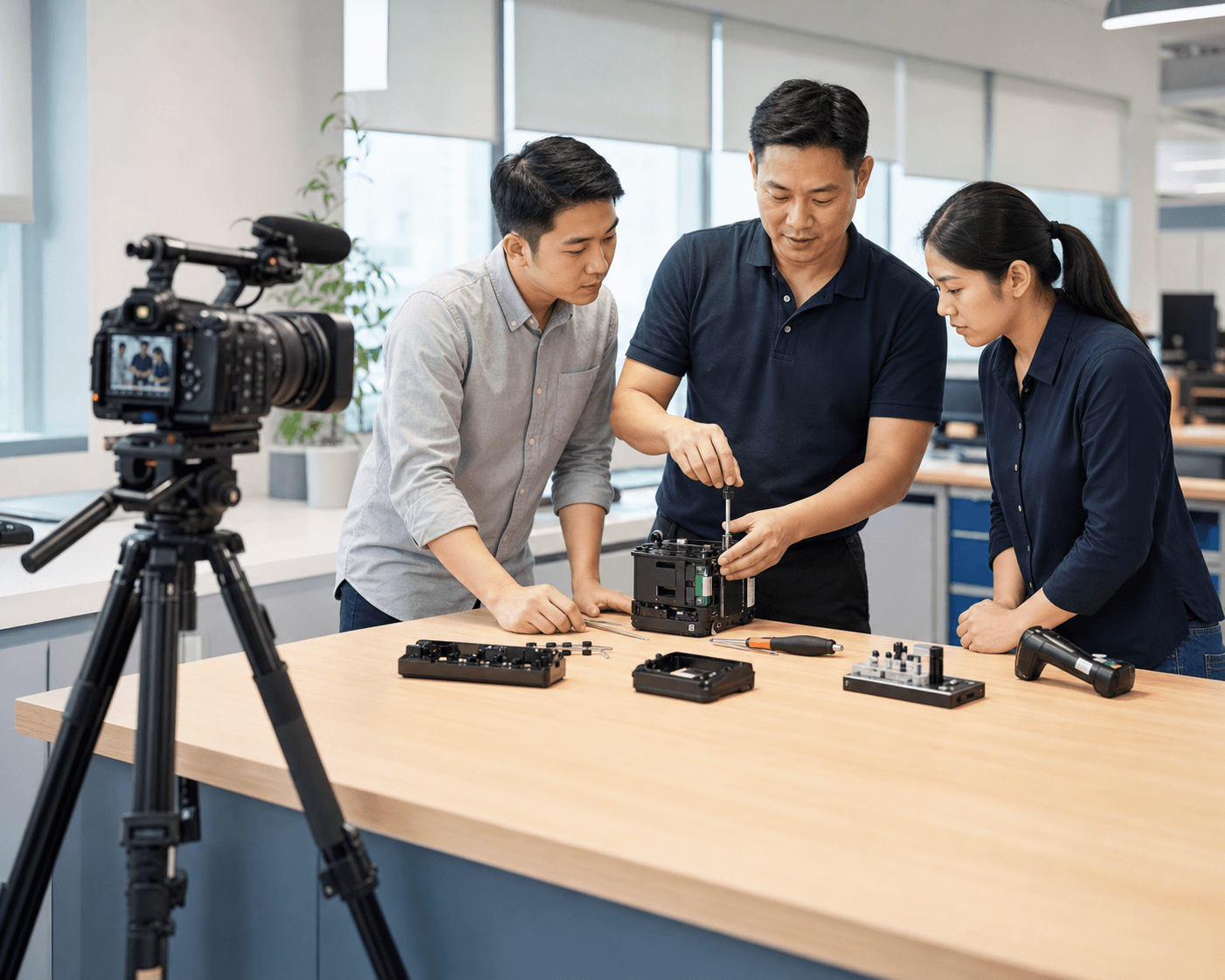 An experienced Singaporean worker sharing a practical process with colleagues while a camera records the demonstration.